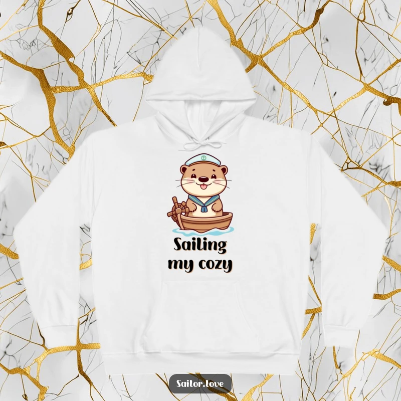 Funny hoodie featuring a cheerful otter wearing a sailor hat, happily steering a small boat, ideal for cozy adventures and nautical vibes.