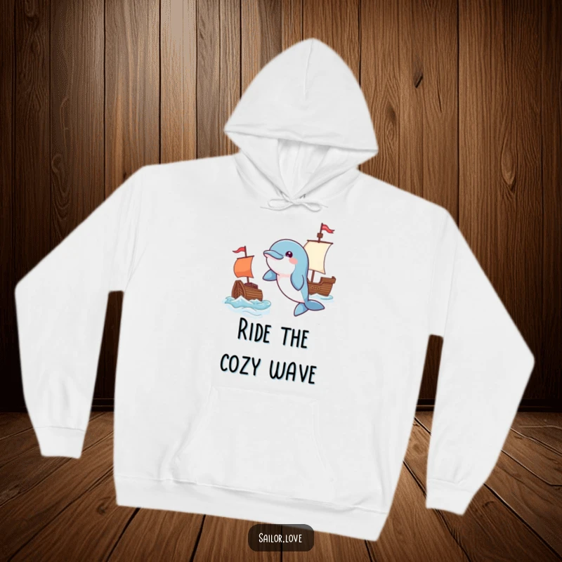 Funny hoodie featuring a playful dolphin leaping near a waving flag and a tiny ship, perfect for cozy adventures and nautical vibes.