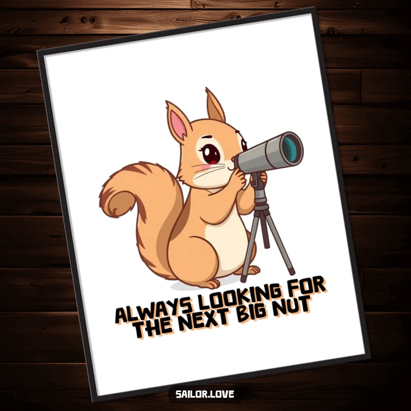 Funny Free Printable Wall Art of a curious squirrel scanning a distant horizon with a small telescope, sparking imagination and adventure.