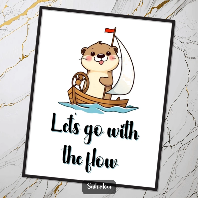 Funny Free Printable Wall Art: A cheerful otter blissfully steers a small sailboat, bringing a sense of adventure and happiness.