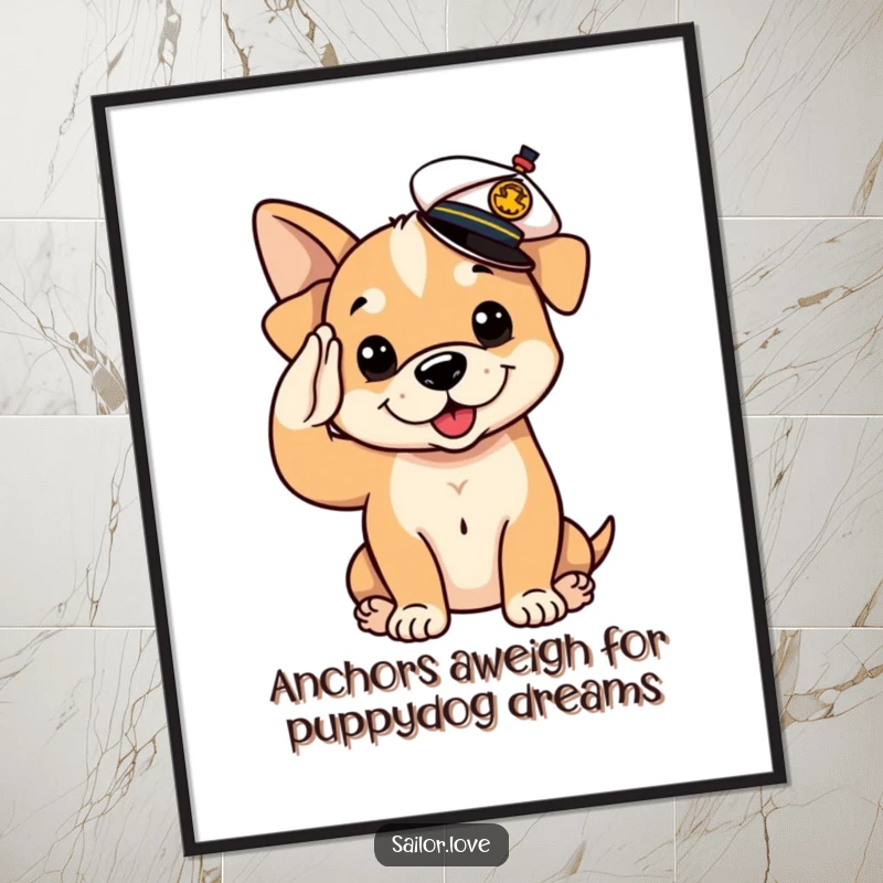 Funny Free Printable Wall Art of a playful puppy dog saluting, wearing a tiny sailor hat askew, bringing nautical charm and smiles.