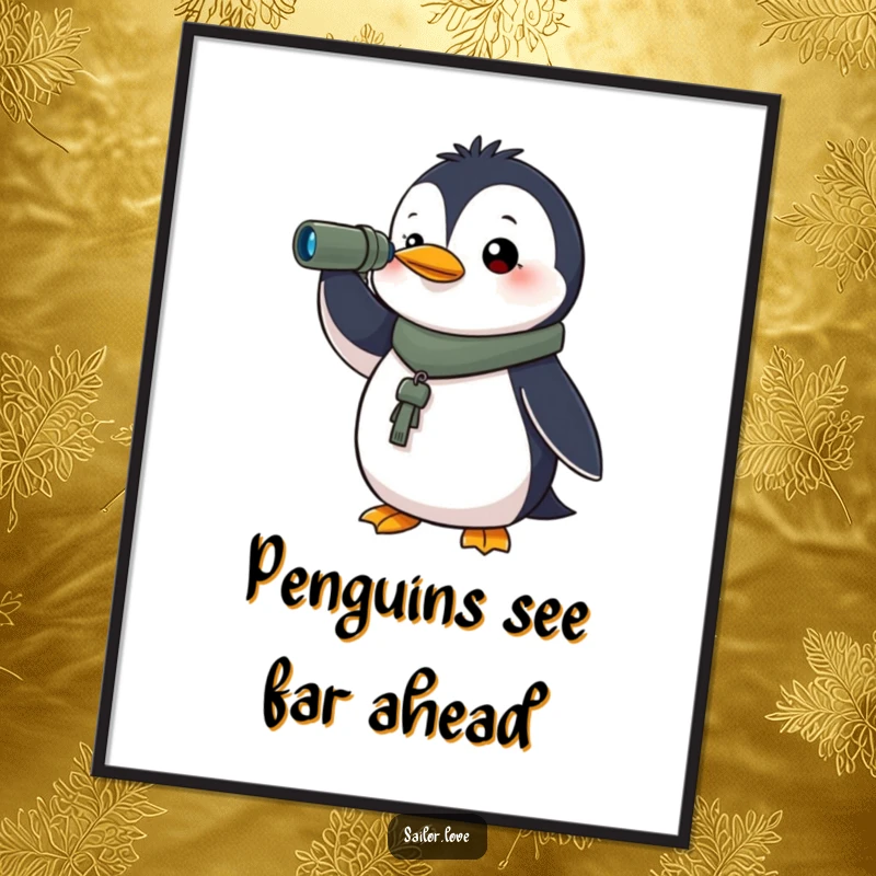 Funny Free Printable Wall Art: A determined penguin holding a spyglass looks intently towards the horizon, adding quirky charm.