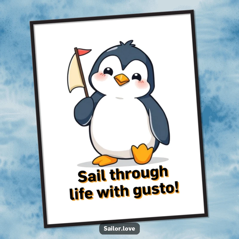 Funny Free Printable wall art of a determined penguin expertly adjusting a tiny sail on its miniature sailboat.