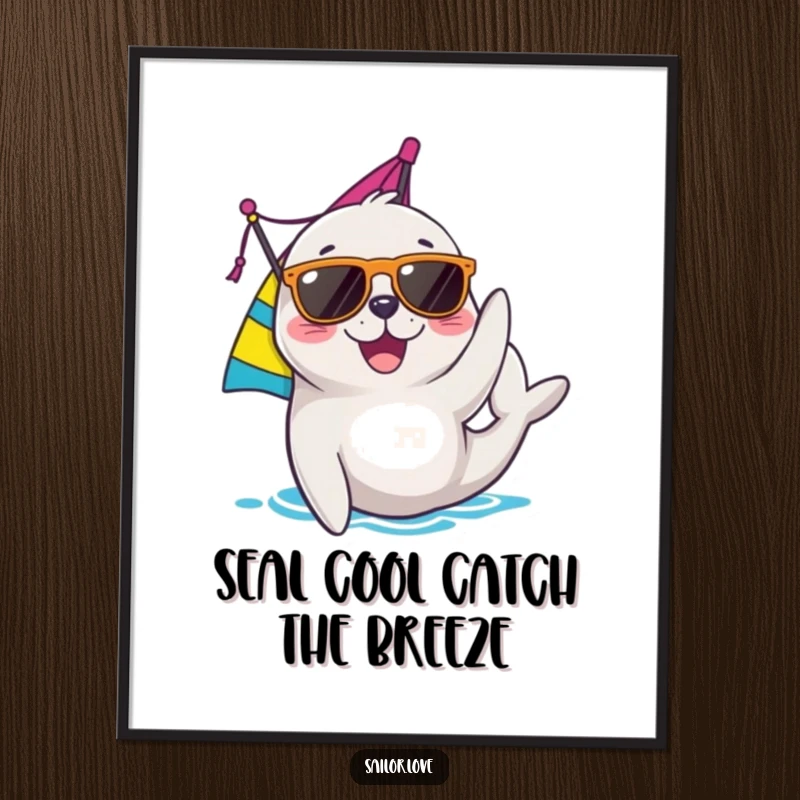 Funny Free Printable Wall Art: Seal wearing sunglasses happily adjusts a colorful sail, breezy and cheerful nautical art.