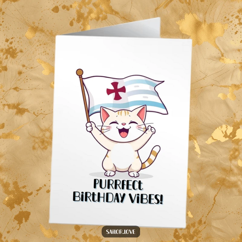 Funny Free Printable Birthday Card featuring a happy cat joyfully unfurling a nautical flag, ready for birthday festivities.
