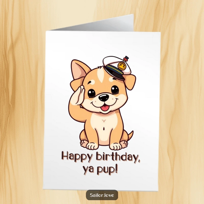 Funny Free Printable Birthday Card featuring a playful puppy dog saluting enthusiastically, sailor hat tilted, ready for birthday celebrations.