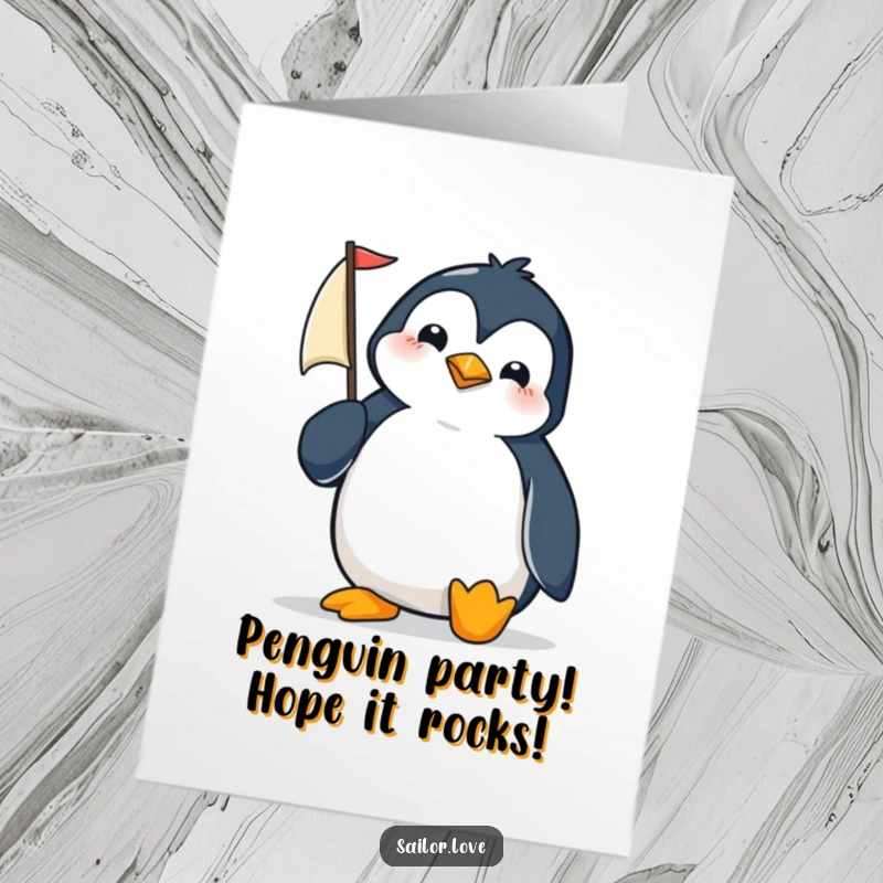 Funny Free Printable birthday card featuring a determined penguin in a tiny sailboat, adjusting its sail with a focused expression.