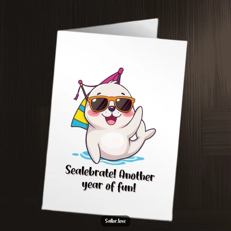 Funny Free Printable Birthday Card: Joyful seal in sunglasses adjusting a colorful sail, celebrating with style.