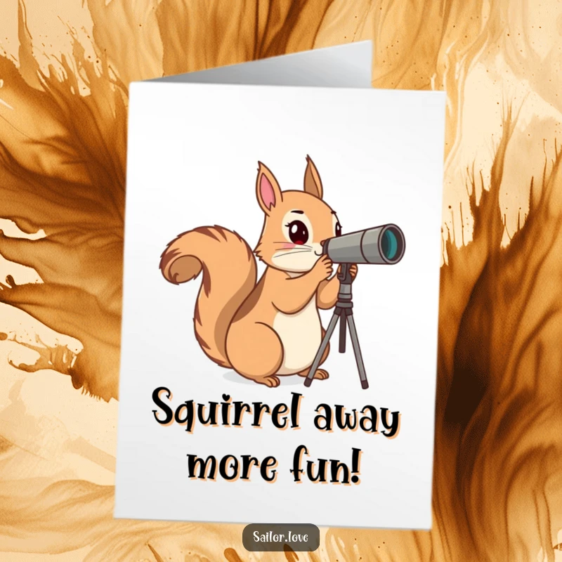 Funny Free Printable Birthday Card featuring a curious squirrel looking through a telescope, scanning the horizon for birthday fun.