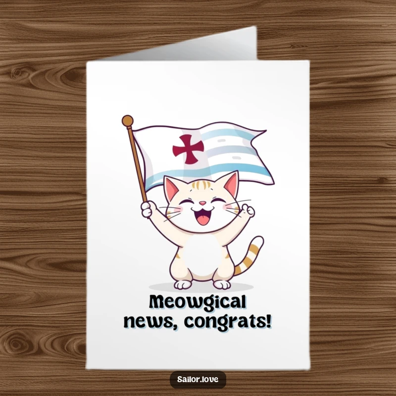 Funny Free Printable Congratulations Card showing a happy cat unfurling a large nautical flag with a joyful expression, signaling success.