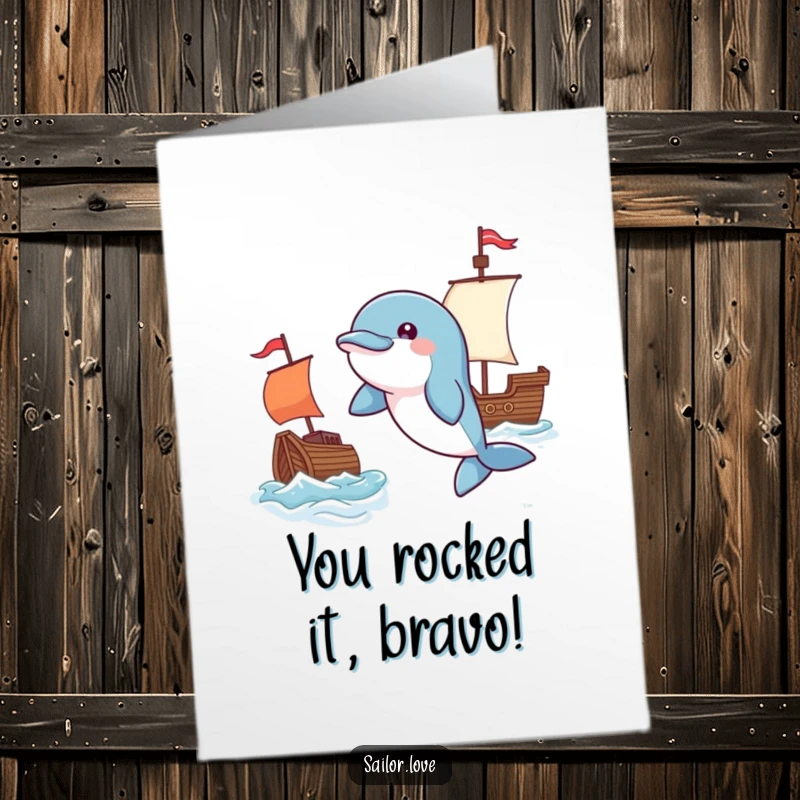 Funny Free Printable Congratulations Card: A playful dolphin leaps high near a waving flag by a small ship, marking success.