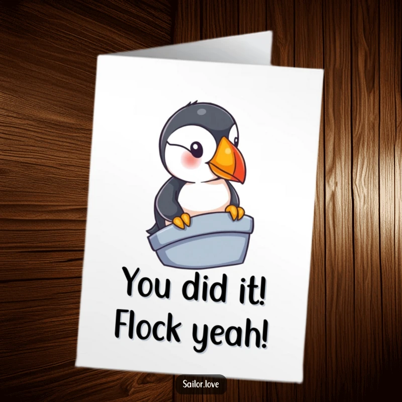 Funny Free Printable Congratulations Card: Curious puffin peeking over a boat's edge, perfect for celebrating achievements.