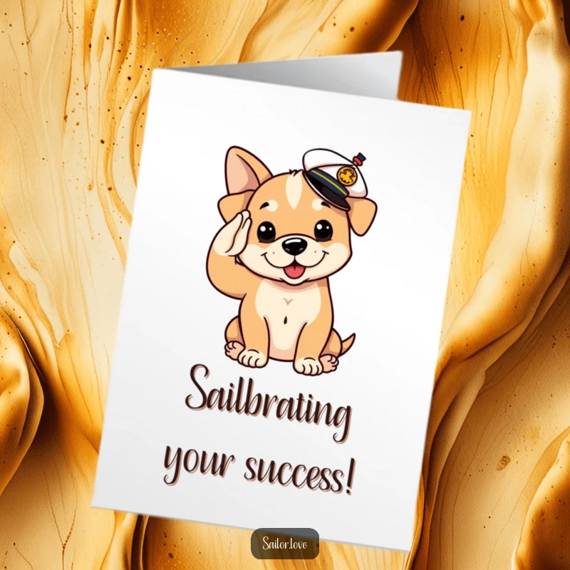 Funny Free Printable Congratulations Card showing a playful puppy dog giving a proud salute, tiny sailor hat askew, celebrating a win.