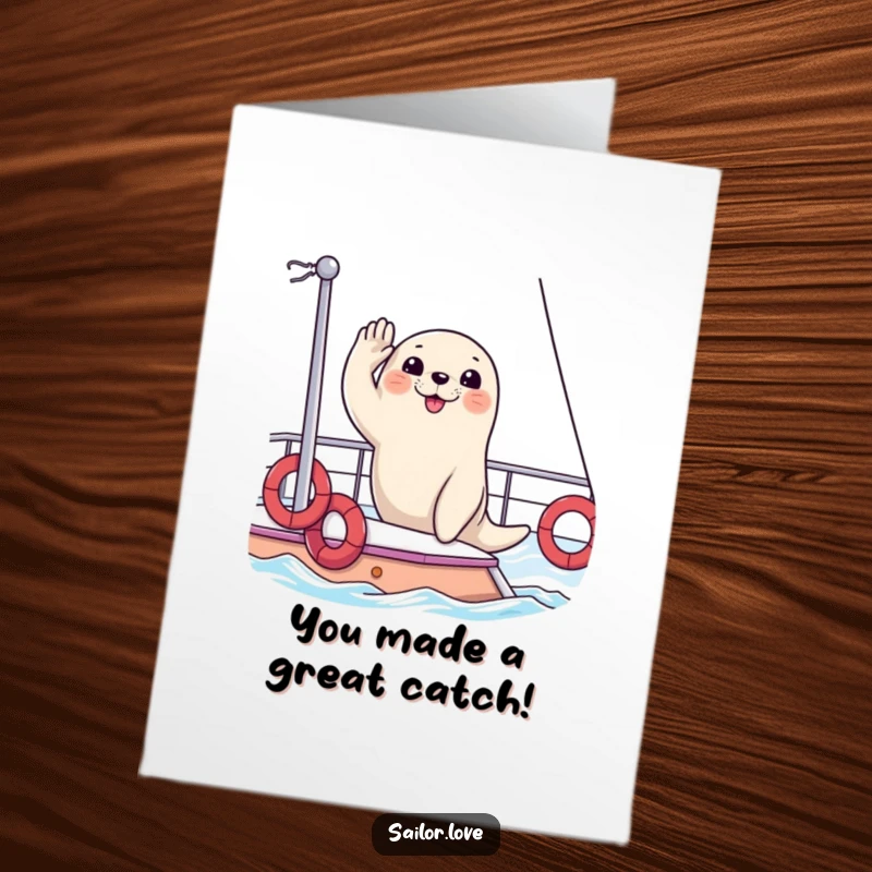 Funny Free Printable Congratulations Card: A happy seal salutes elegantly from a yacht, conveying congratulations and good cheer.