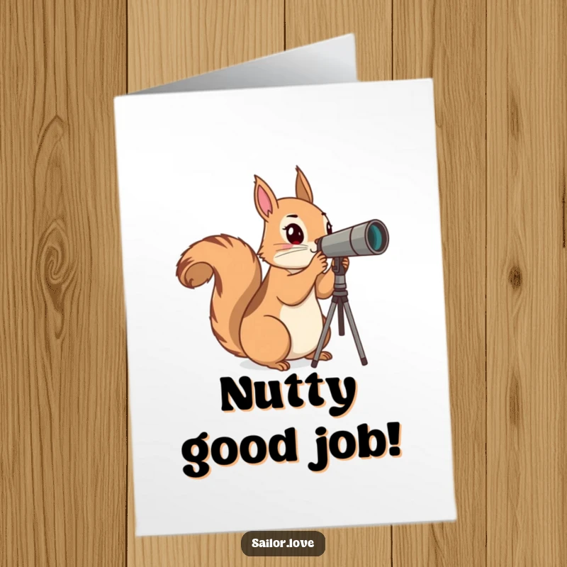 Funny Free Printable Congratulations Card showing a curious squirrel using a small telescope to scan the horizon, celebrating a new discovery.
