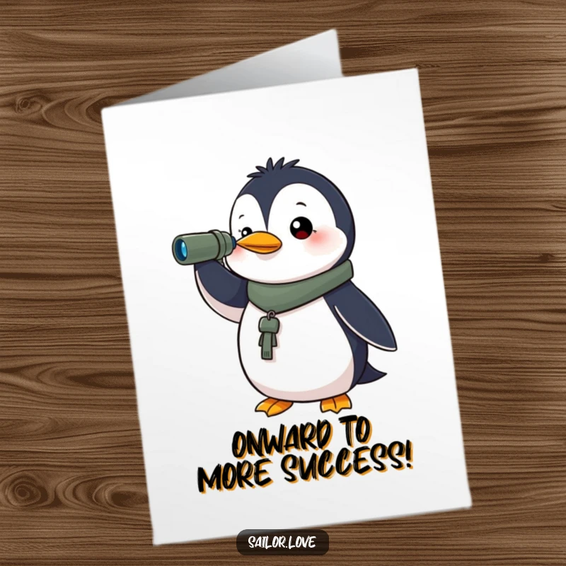 Funny Free Printable Congratulations Card: A determined penguin holds a spyglass, looking towards the horizon to celebrate future successes.