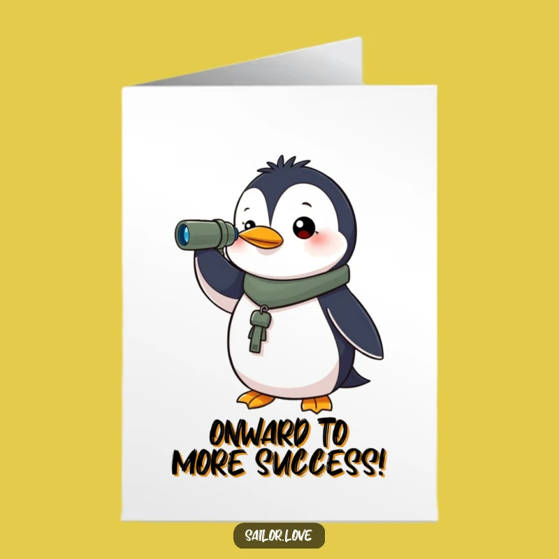 Free Printable Congrats Card: Determined Penguin Spyglass Funny Downloadable Gift