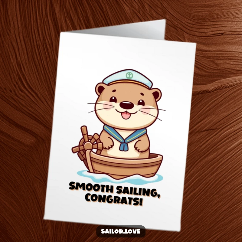 Funny Free Printable Congratulations Card: A cheerful otter in a sailor hat joyfully captains a small boat, celebrating big wins.