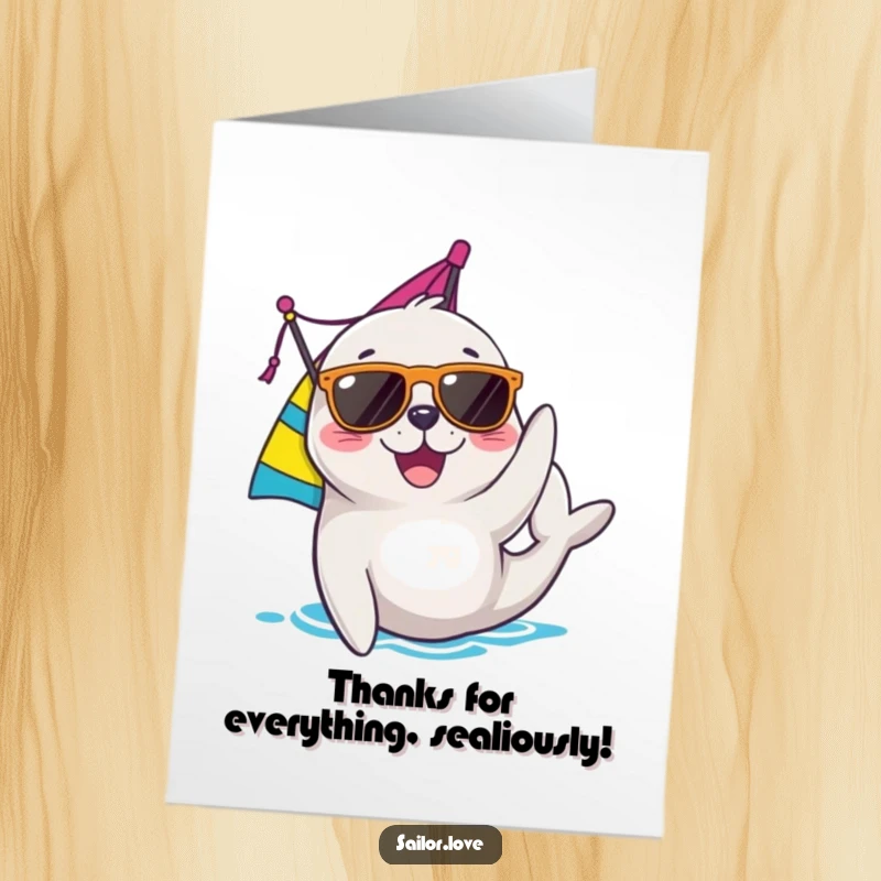 Funny Free Printable Thank You Card: Joyful seal with sunglasses adjusting a sail, a cool way to say thanks.