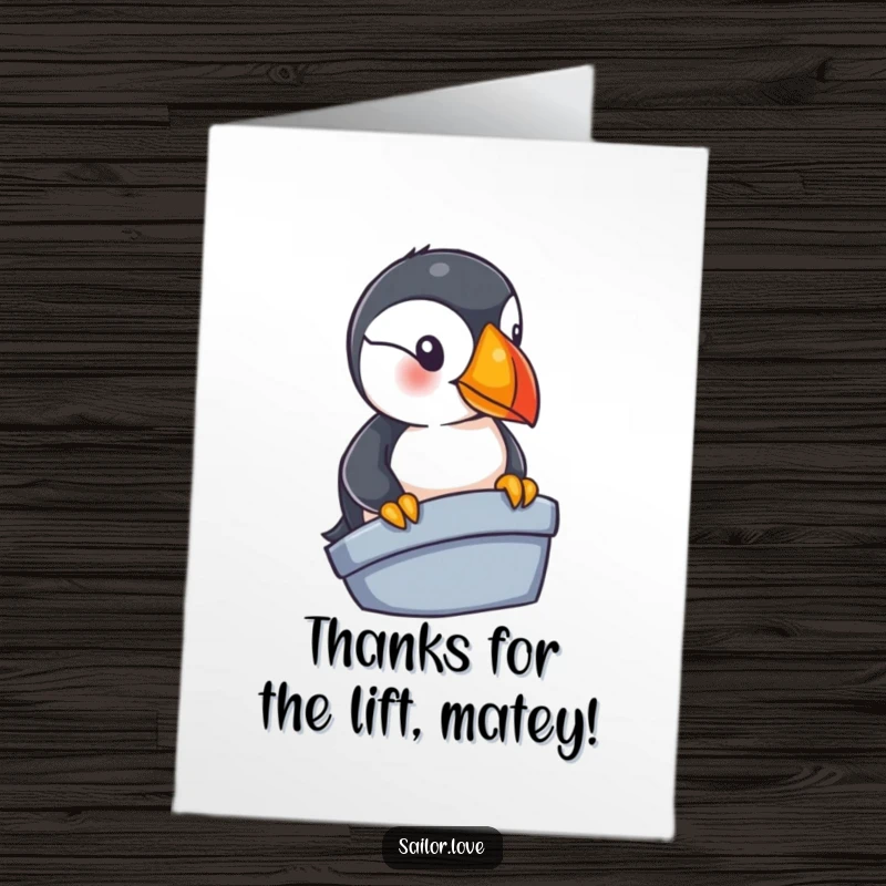 Funny Free Printable Thank You Card: Curious puffin peering over a vessel's edge, a humorous way to show appreciation.