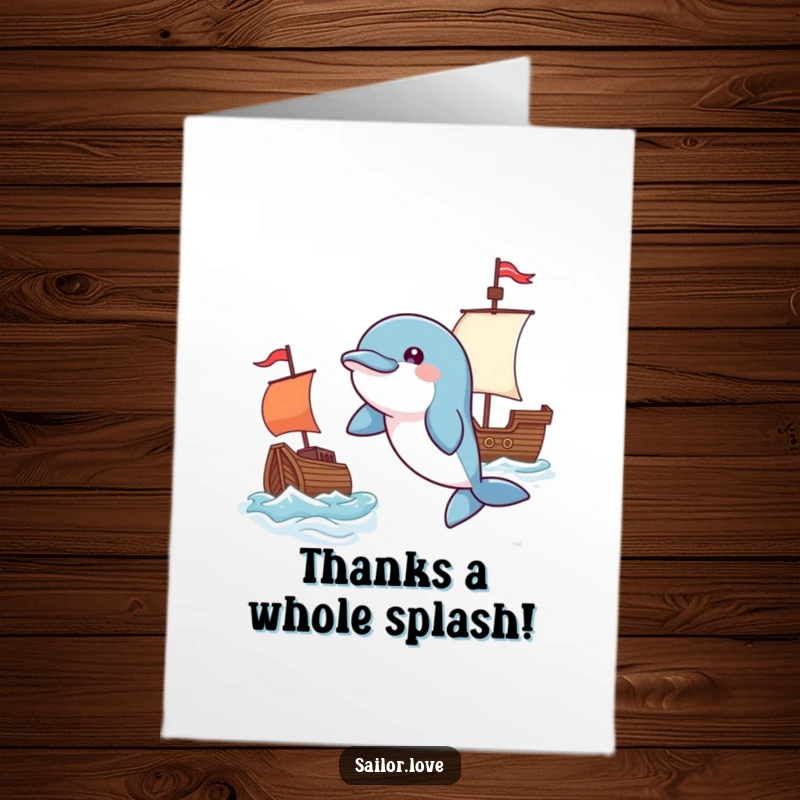 Funny Free Printable Thank You Card: A playful dolphin leaps near a waving flag by a tiny ship, expressing thanks with energy.