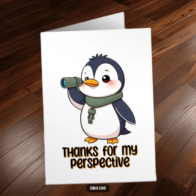 Funny Free Printable Thank You Card: A determined penguin uses a spyglass to look towards the horizon, conveying thanks humorously.