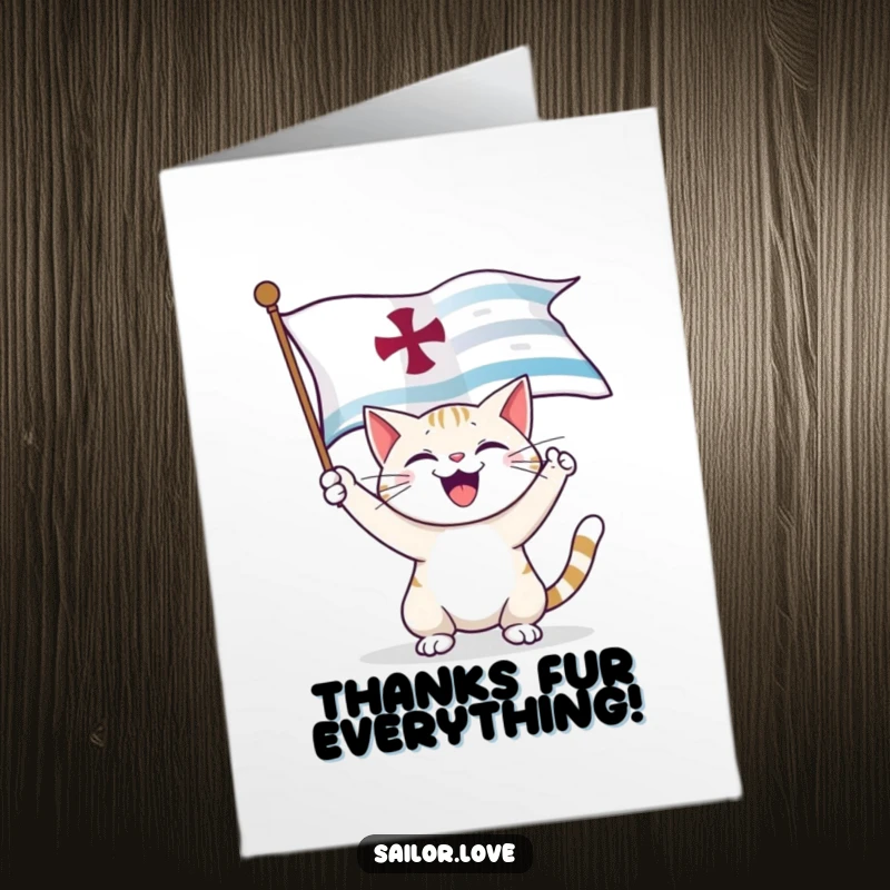 Funny Free Printable Thank You Card featuring a happy cat unfurling a nautical flag with a joyful meow, conveying heartfelt thanks.