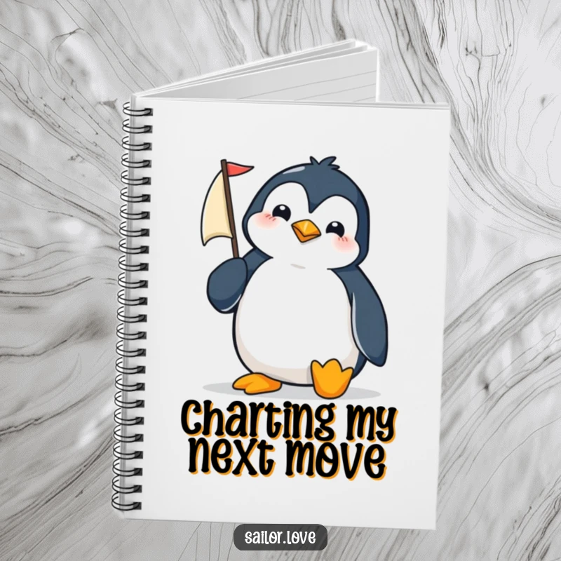 Funny penguin adjusting a tiny sail on a notebook, looking ready to record adventures.