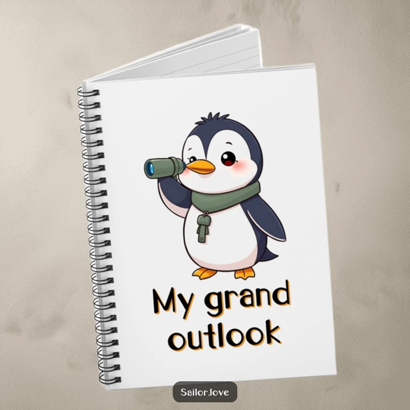 Funny notebook with a determined penguin holding a spyglass, looking towards the horizon, perfect for journaling adventures and future plans.
