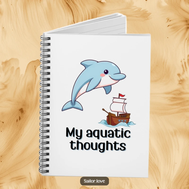 Funny smiling dolphin leaping near a tiny ship on a notebook, symbolizing creative exploration.