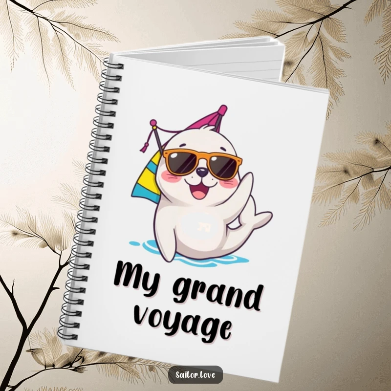Funny seal notebook with a joyful character in sunglasses adjusting a sail, designed for nautical enthusiasts and lovers of funny stationery.