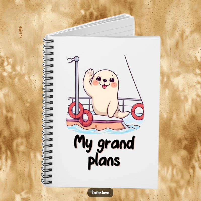 Funny notebook with a happy seal saluting from the deck of a yacht, suitable for jotting down notes with a nautical and luxurious flair.