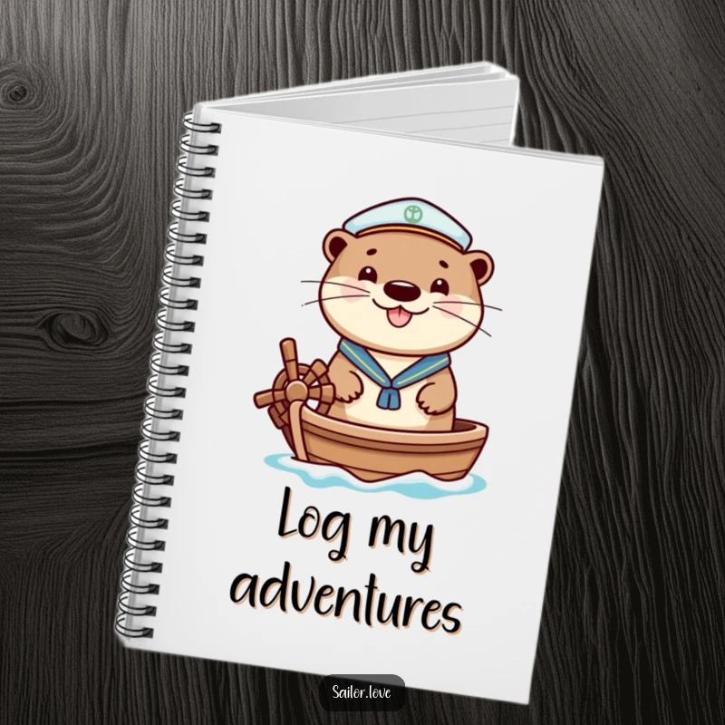 Funny notebook with a cheerful otter wearing a sailor hat, happily steering a small boat, perfect for journaling adventures and plans.