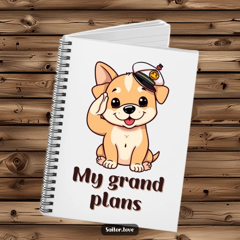 Funny Notebook: A playful puppy dog in a sailor hat salutes, perfect for jotting down nautical-themed thoughts.