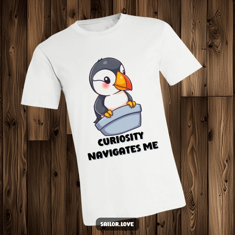 Funny puffin t-shirt featuring a curious bird peering over a vessel's edge, capturing a moment of nautical exploration and avian humor.