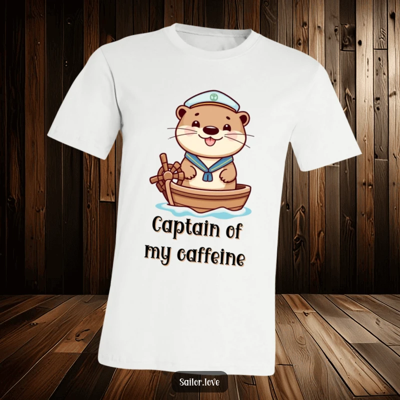 Funny t-shirt with a cheerful otter in a sailor hat, happily at the helm of a small boat, symbolizing fun and adventure.