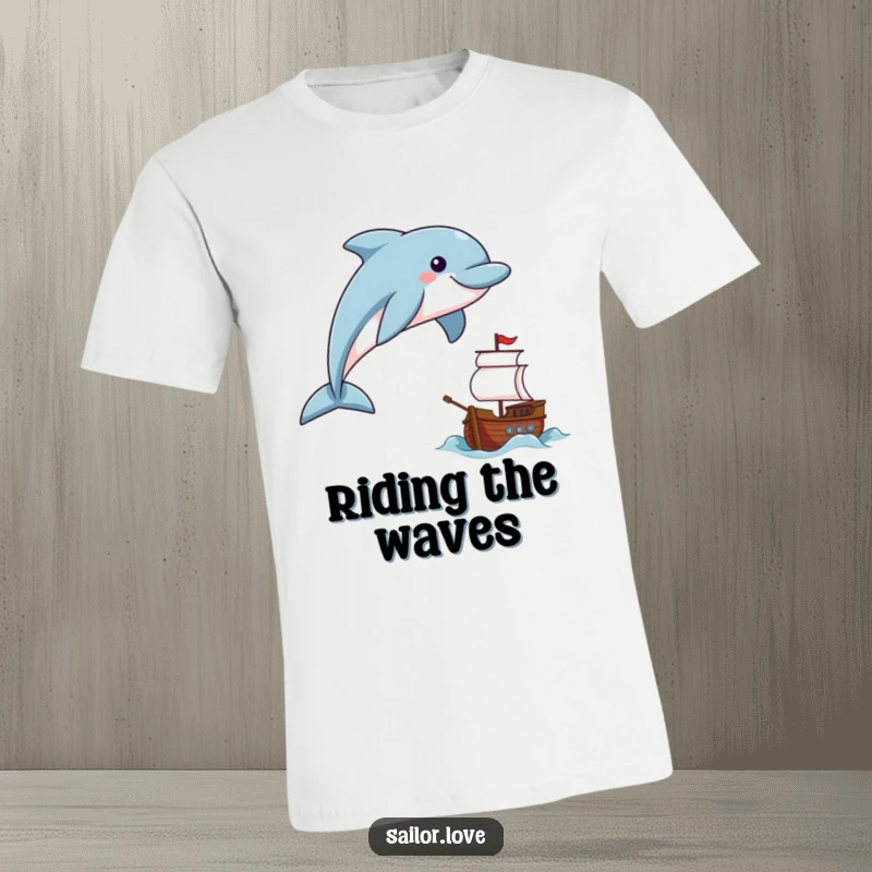 Funny smiling dolphin leaping near a tiny ship on a t-shirt, conveying pure joy.