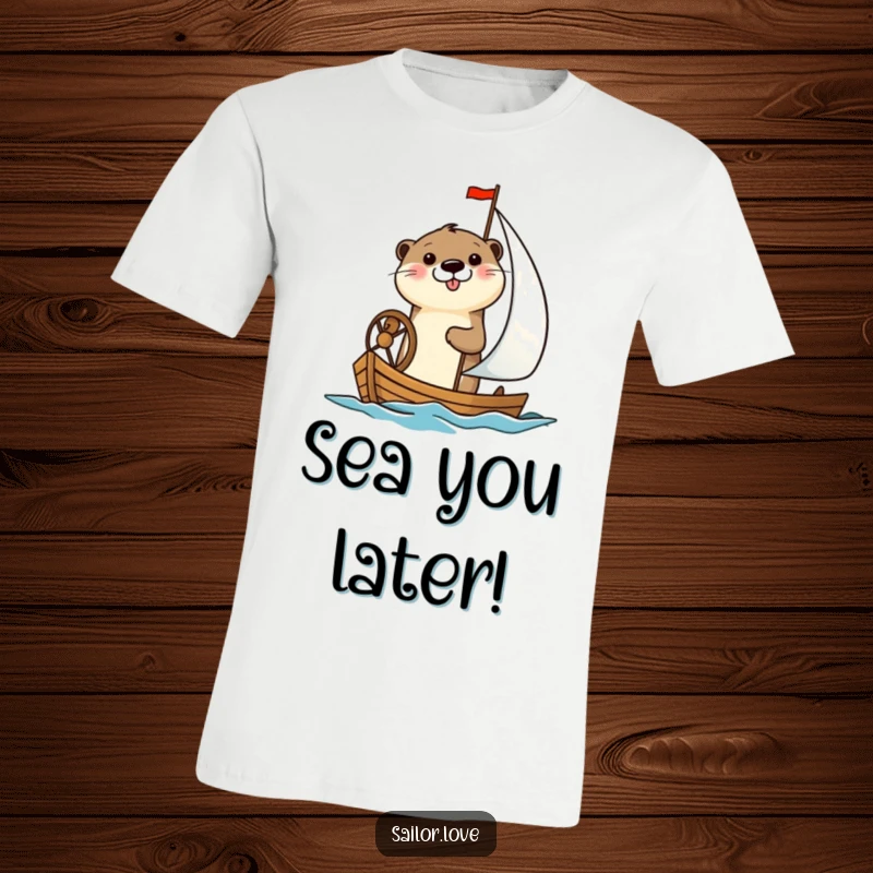 Funny t-shirt with a cheerful otter happily steering a small sailboat, symbolizing freedom and playful maritime adventure.