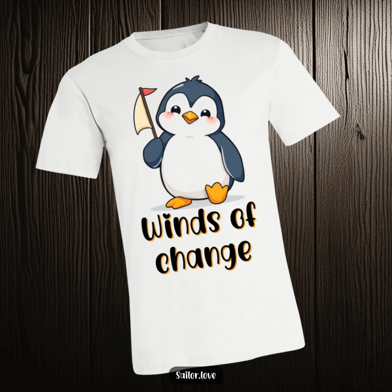 Funny penguin adjusting a tiny sail on a t-shirt, looking focused and ready for nautical escapades.