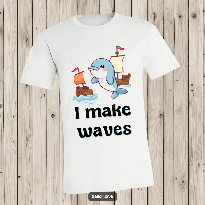 Funny t-shirt depicting a playful dolphin leaping near a waving flag and a tiny ship, symbolizing freedom and aquatic adventure.