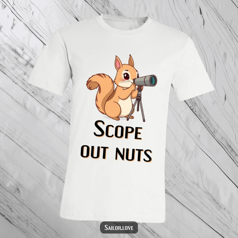 Funny T-Shirt: A curious squirrel peers through a telescope, scanning the horizon with an adventurous gaze.