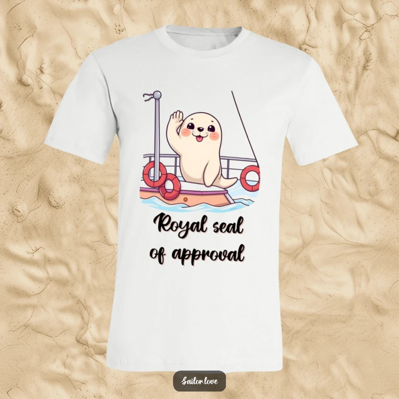 Funny t-shirt with a happy seal saluting from the deck of a yacht, embodying a sense of luxury and playful nautical spirit.