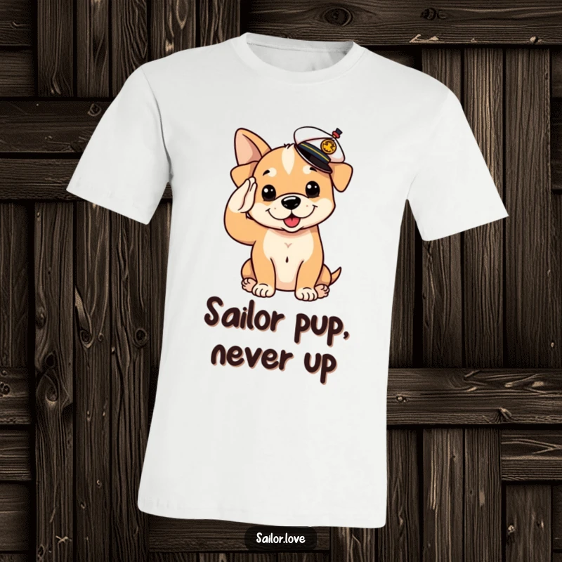 Funny T-Shirt: A ridiculously cute puppy dog gives a salute while wearing a tiny, askew sailor hat.