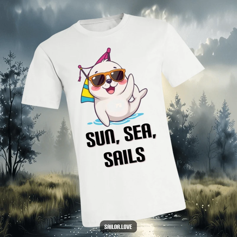 Funny seal t-shirt showing a joyful character wearing sunglasses and adjusting a sail, perfect for nautical fans and sunny day humor.