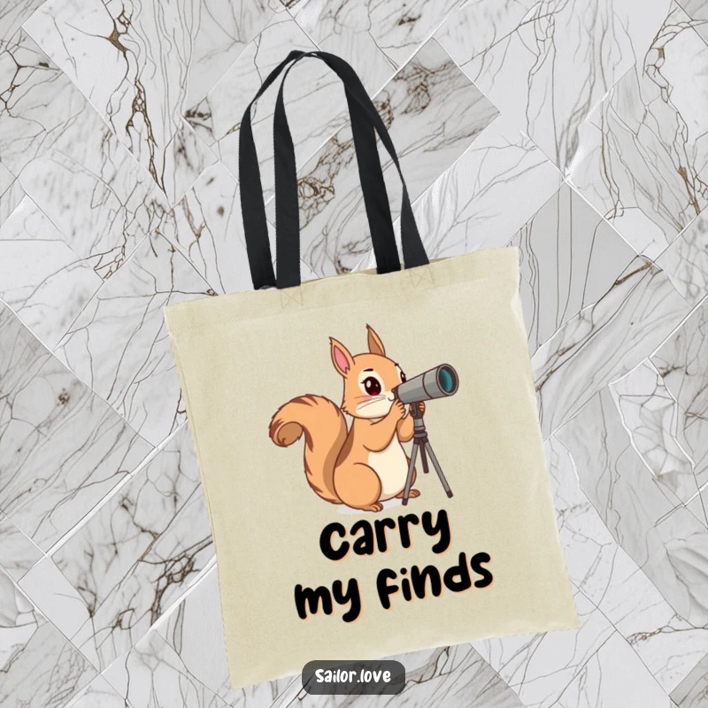 Funny Tote Bag: A curious squirrel uses a telescope to scan the horizon, ready for discovery.