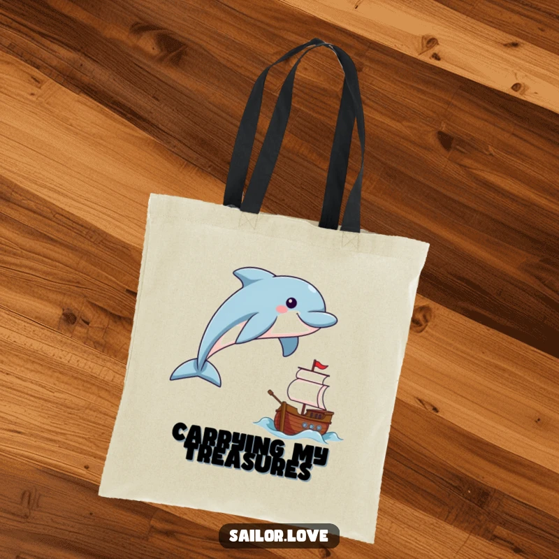 Funny smiling dolphin leaping near a tiny ship on a tote bag, symbolizing aquatic fun.