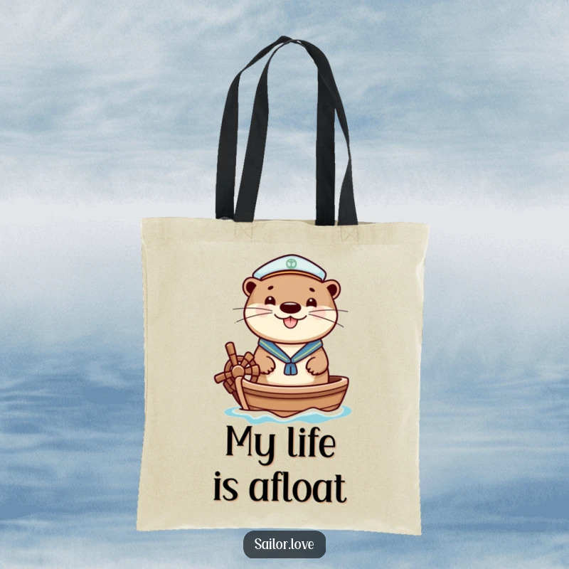 Funny tote bag with a cheerful otter in a sailor hat, happily steering a small boat, practical for carrying items with a smile.