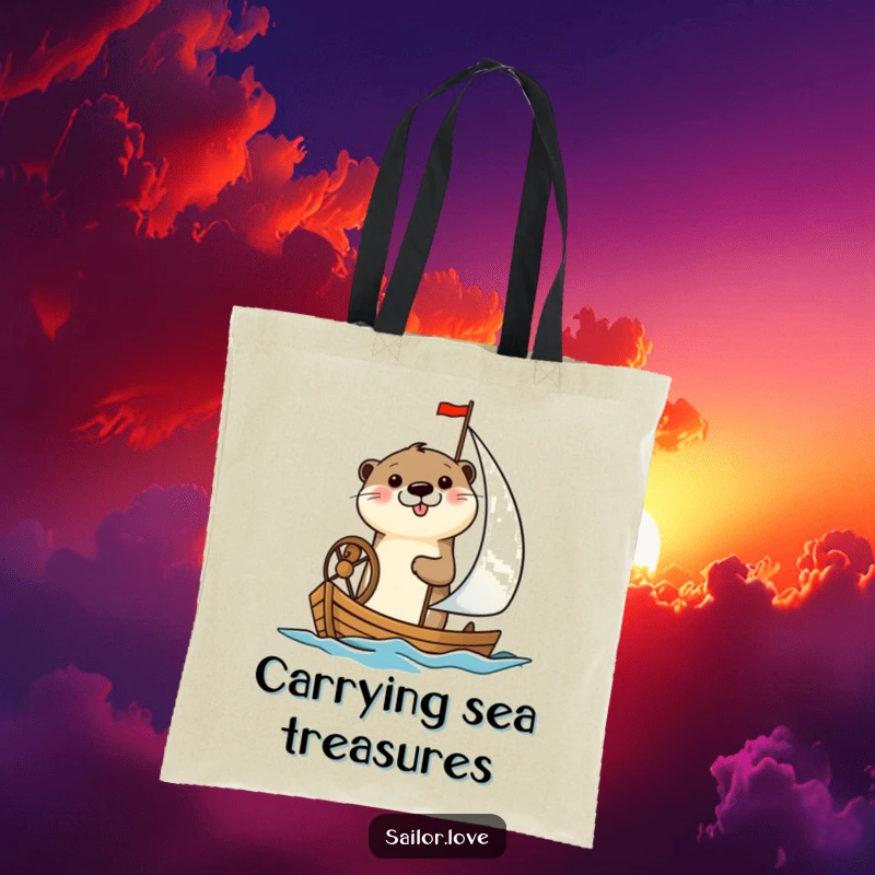 Funny tote bag with a cheerful otter happily steering a small sailboat, blending nautical themes with everyday practicality and humor.