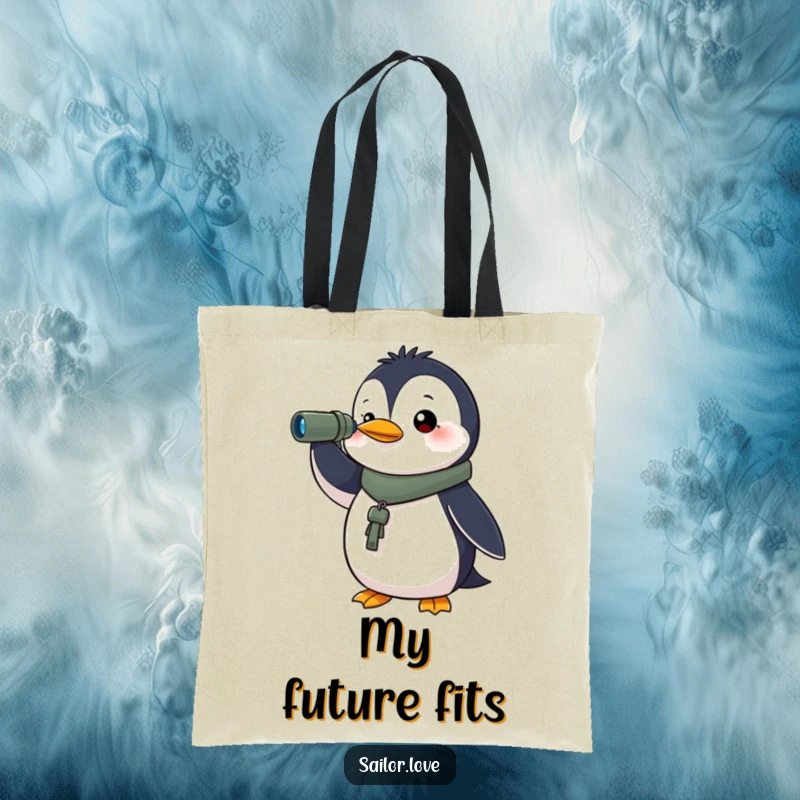 Funny tote bag with a determined penguin holding a spyglass, looking towards the horizon, ideal for carrying items with a sense of purpose.