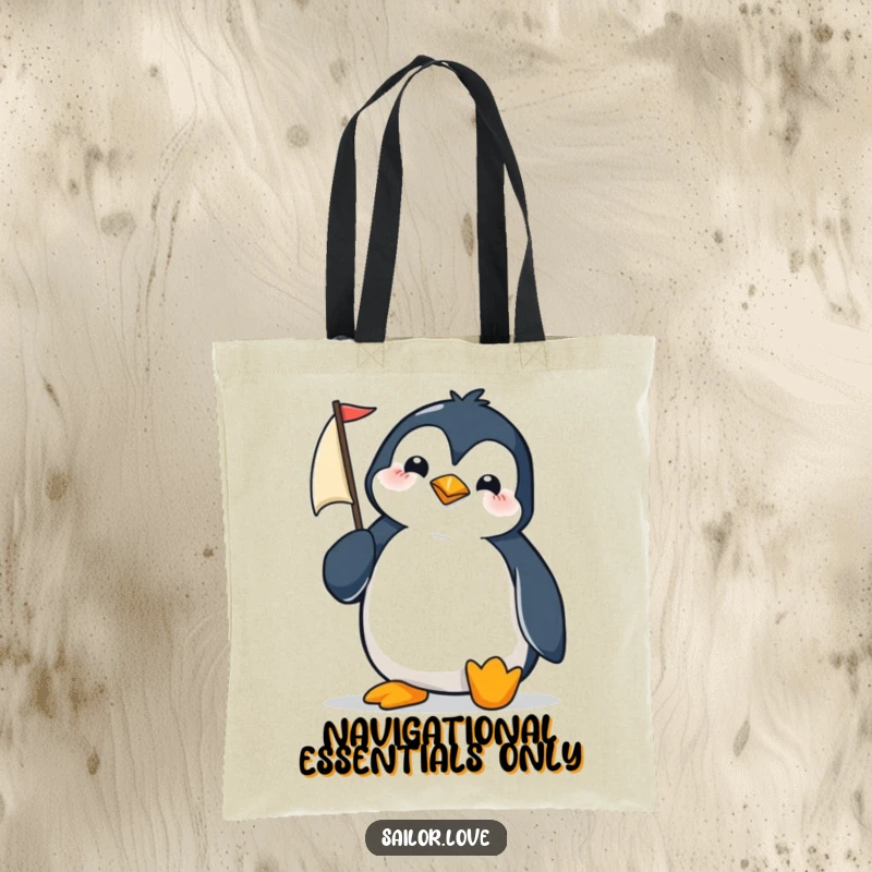 Funny penguin adjusting a tiny sail on a tote bag, showcasing determination and seafaring whimsy.